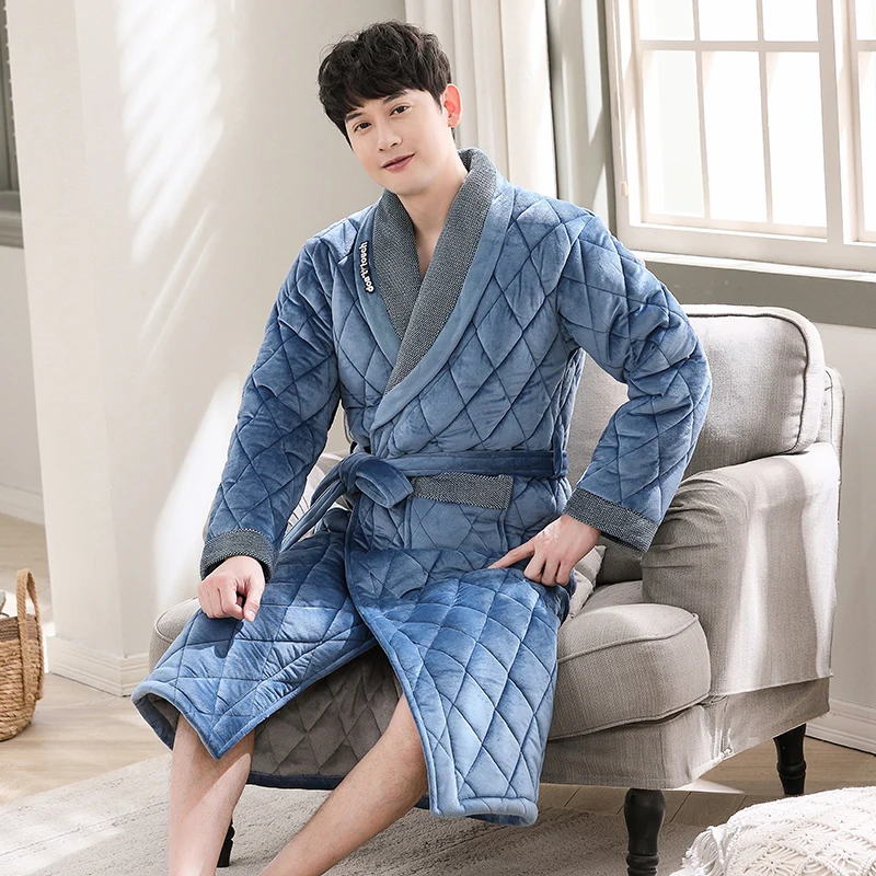 Winter Autumn 3 layers thick flannel quilted men\'s bath robes gentlemen\'s homewear big yards L-3XL male sleepwear lounges wear