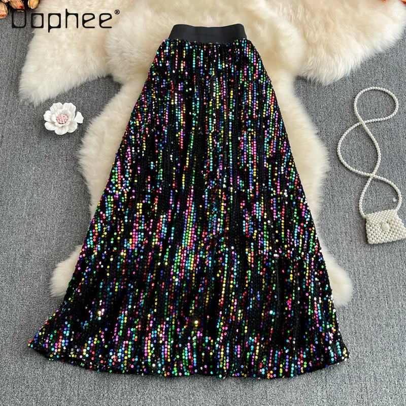 2023 Autumn New Elastic High Waist Slimming Sequins Mid-Length A- Line Skirt  Women Fashion Overknee Glitter Big Hem Skirts