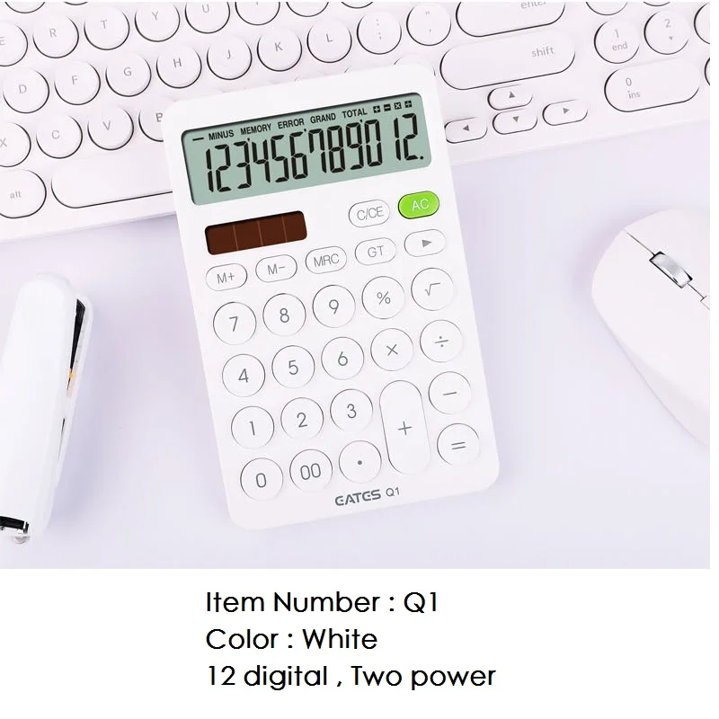 12 Digit Desk Calculator Large Big Buttons Financial Business Accounting Tool White Blue Orange Battery and Solar Power