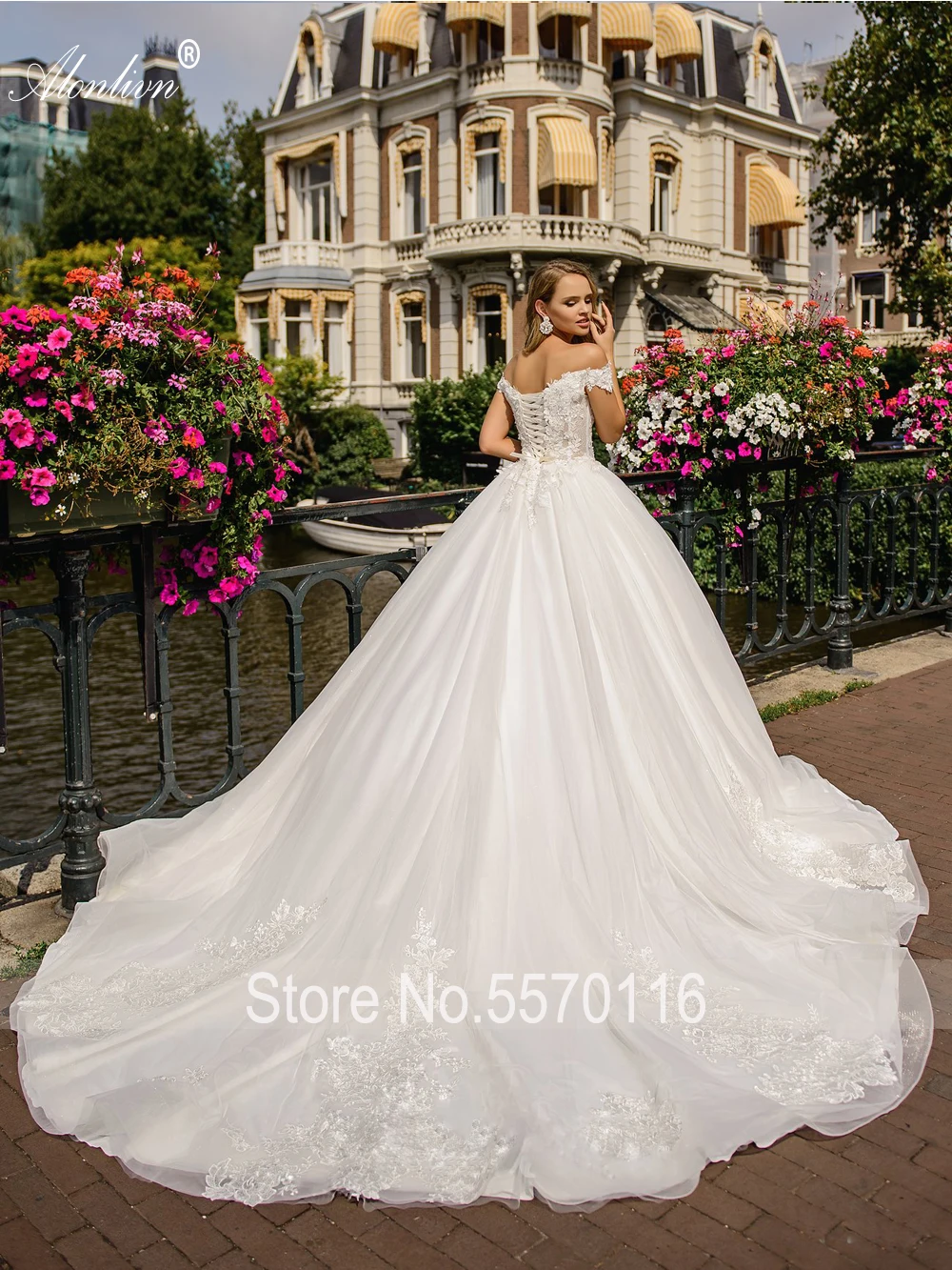 Alonlivn Elegant Sweetheart A-Line Wedding Dresses And Beadings Crystals Lace Up Appliques Off The Shoulder Bride Gownss