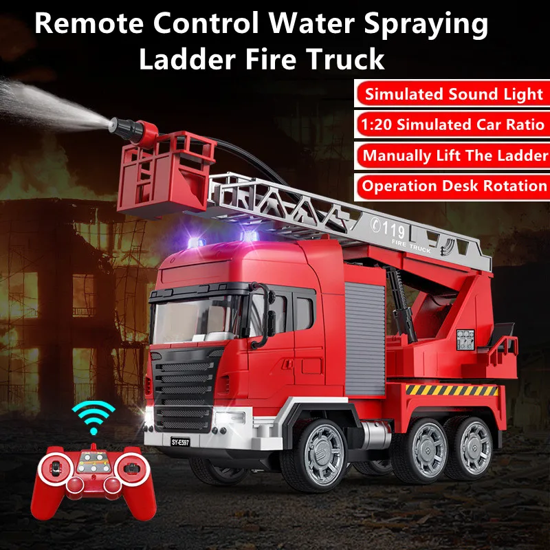 1:20 Simulation Water Spray Remote Control Fire Truck 30Mins 360° Console Rotation Lift Ladder Bright Police Lights RC Truck Toy