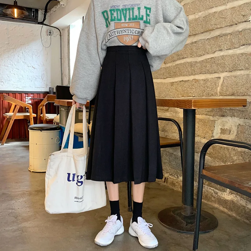 

2024 Autumn Winter New High Waist Retro Simple Black Woolen Pleated Skirt Korean Casual Women A-line Long Skirt Free Shipping