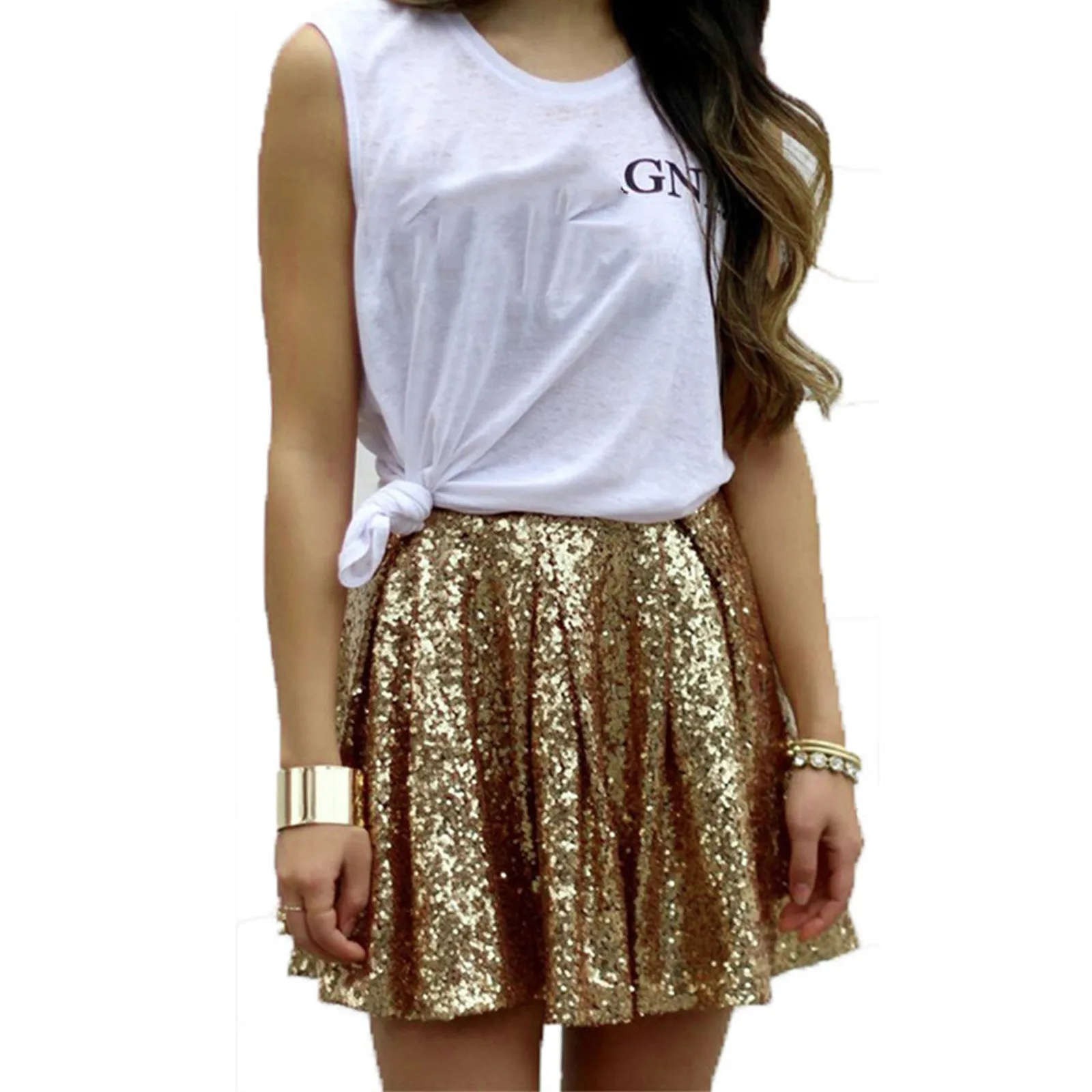 Elegant Bling Skirts Women Fashion High Waist Pleated Solid Color Short Skirt Loose Gold Sequin Skirt Streetwear Party Clubwear