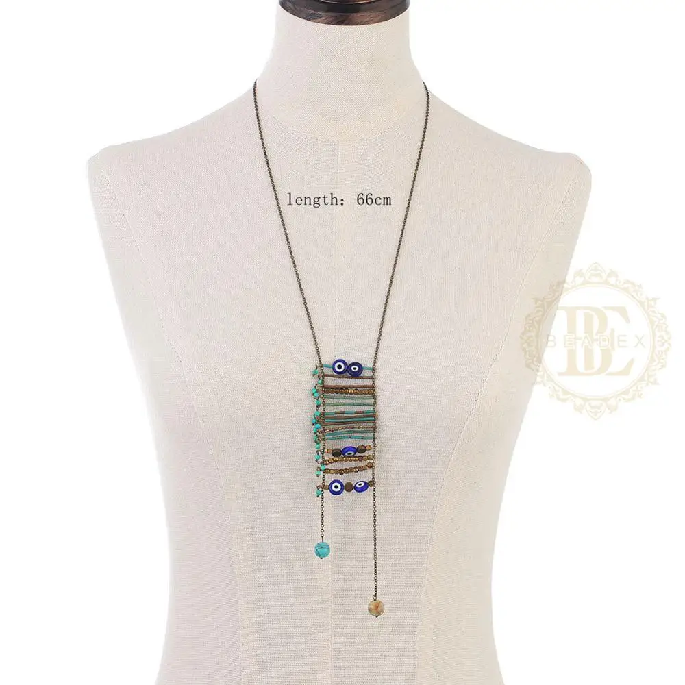 One Fashion Jewelry Semi-Precious Synthetic Stone and Glass Evil Eye Beaded Long Necklace - 660mm (BE39)