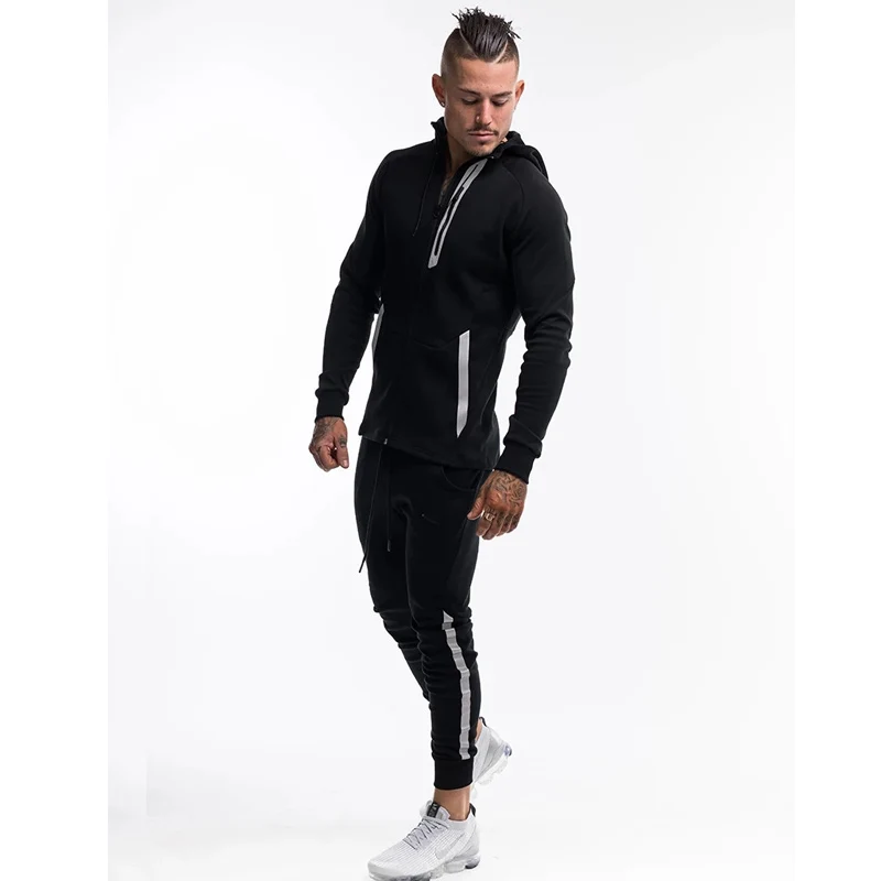 Spring Autumn Fashion Men Cotton Reflective Tracksuits Youth Leisure Zipper Fitness Running Men's Two-piece Hooded Suit Outdoor