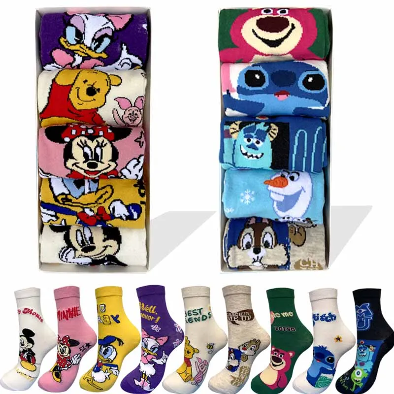 

10 pair Disney Casual cute women socks Mickey Stitch cotton long socks Cartoon Animal sock for women Kawaii girl sock size 35-42