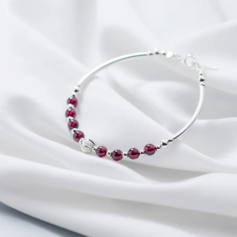 Wine Red Natural Garnet Beads Pure 925 Sterling Silver Bracelets for Female Women's Bracelets Fine Jewelry Accessories YBR209