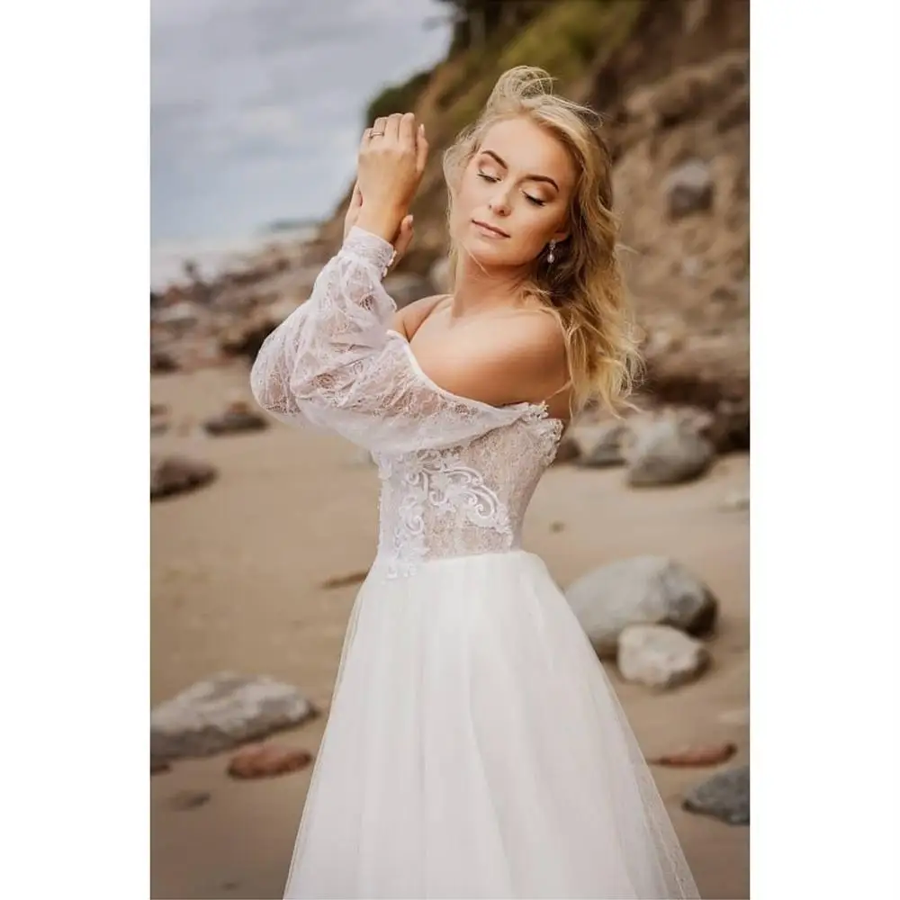 Boho Bride Dress Bohemian Beach Wedding Dress Low Back Floor Length Chiffon Long Puff Sleeve Bridal Gowns For Women Sweetheart