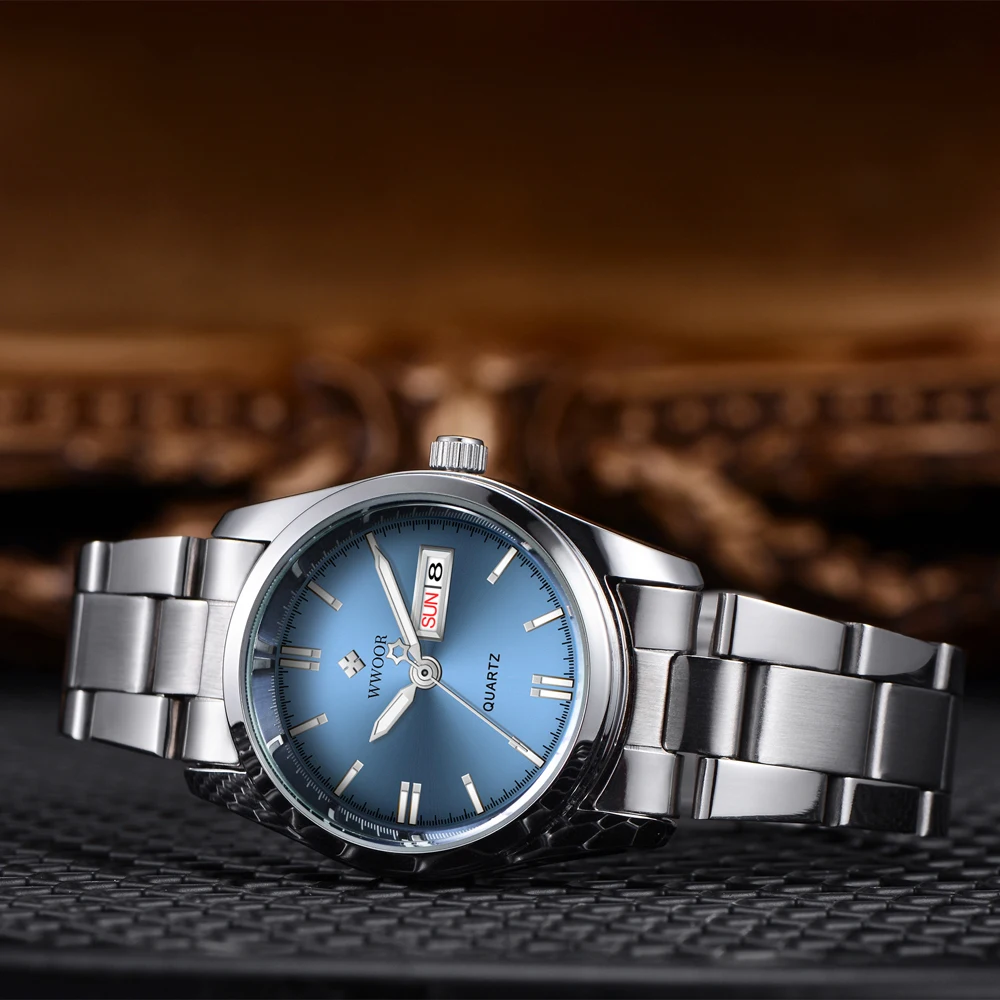 WWOOR-reloj azul de lujo para mujer, pulsera de acero inoxidable con fecha y semana, femenino