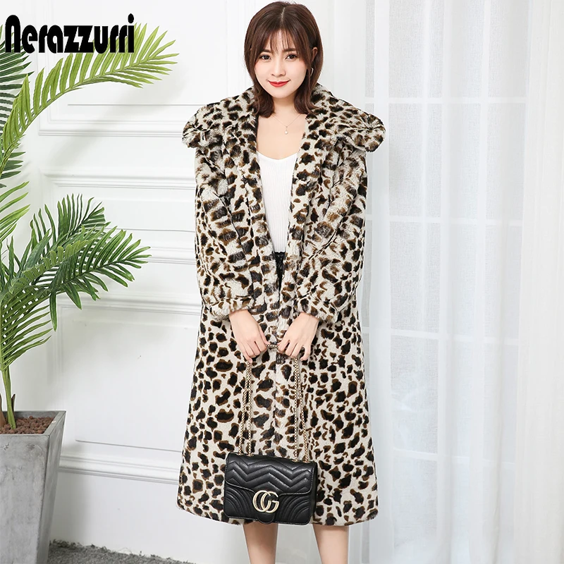 Nerazzurri High Quality Long Warm Thickened Leopard Print Faux Fur Coat Women with Big Hood Winter Fluffy Luxury Korean Fashion