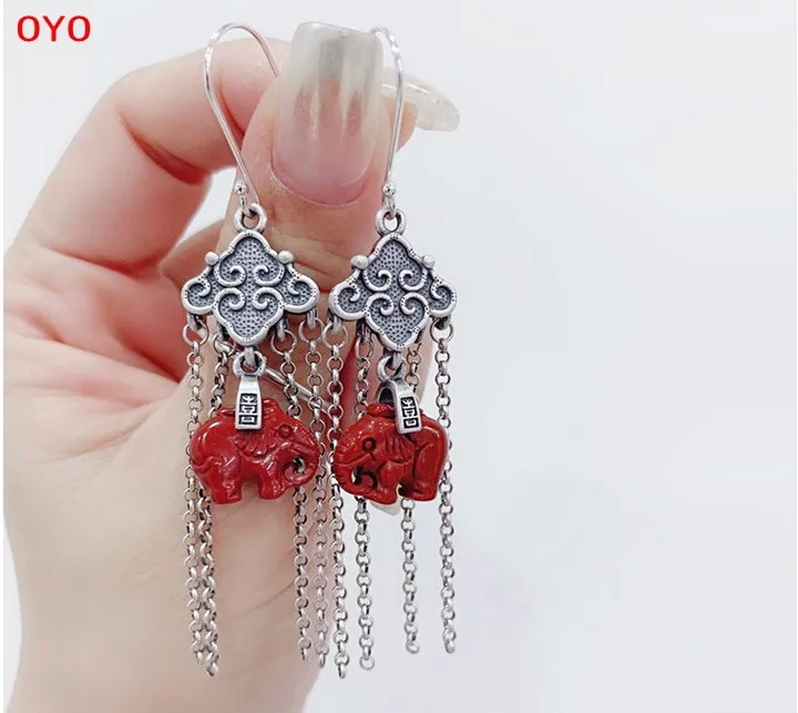 Thai Silver 925 Silver Southern Red Elephant Earrings Tassel Earrings Long Exaggerated Retro Chinese Style Old Temperament Class