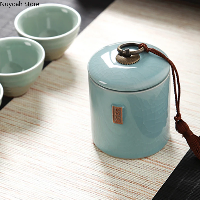 Household Tea Box Ceramic Pot Storage Sealed Pot Coffee Storage Pot Living Room Coffee Table Decoration Kitchen Grain Dispenser