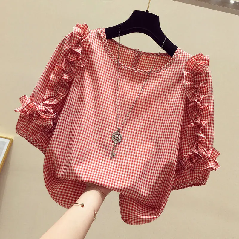 Plaid chiffon shirt women\'s short-sleeved ruffled summer 2023 new French style sweet blouse