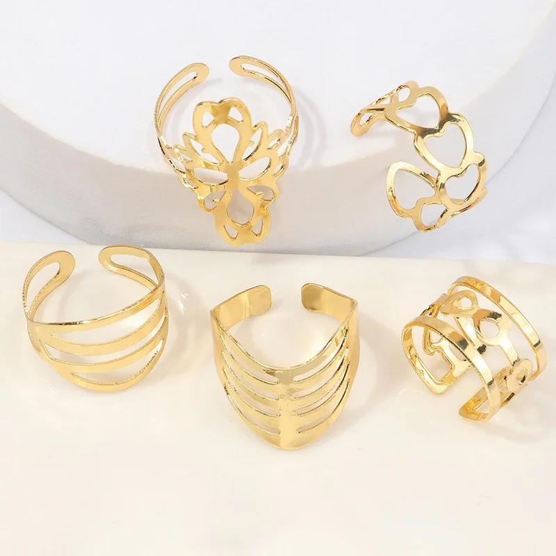 2021New Vintage Gold Metal Finger Rings Set for Women Men Punk Hollow Out Knuckle Ring Jewelry Adjudtable Open Irregularity Ring