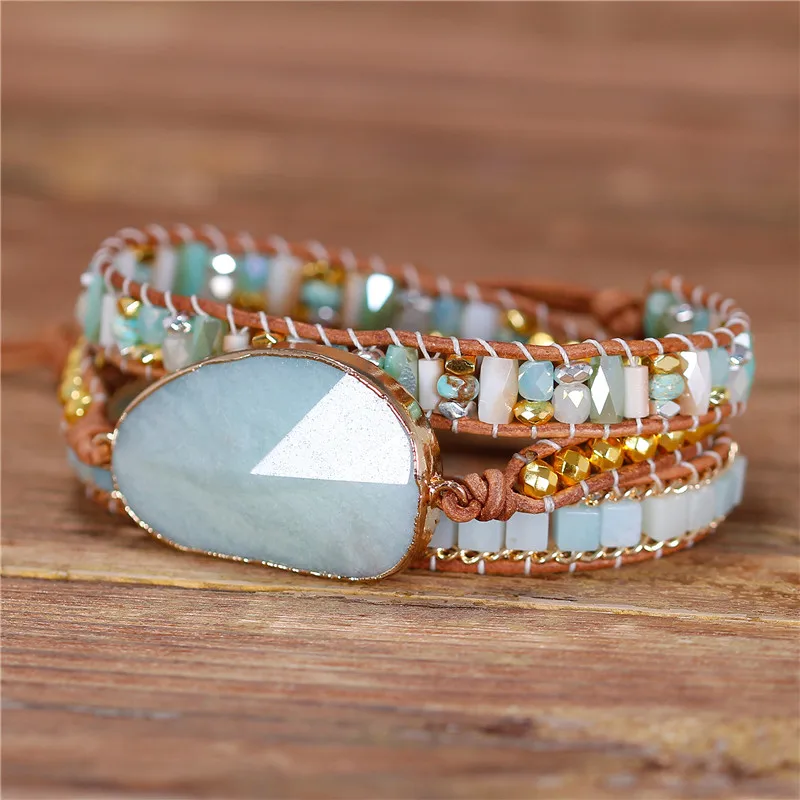 YueTong Women Wrap Bracelet Amazonite Beads 3 Times Leather Wrap Around Bracelet Multilayers Statement Bracelet Gifts Jewelry