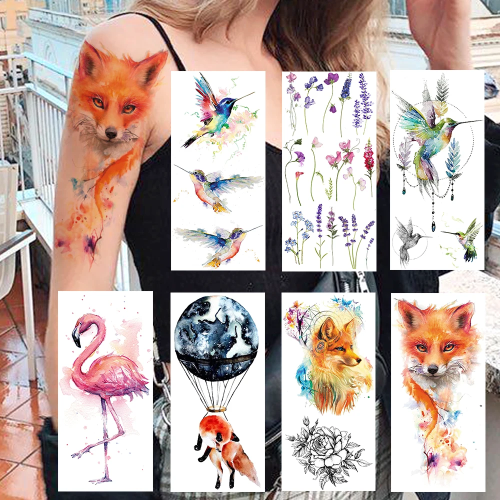 Colorful Fox Hummingbird Temporary Tattoos Sticker Realistic Fake Jewelry Lavender Planets Tattoo For Women Sexy Body Art Tatoos