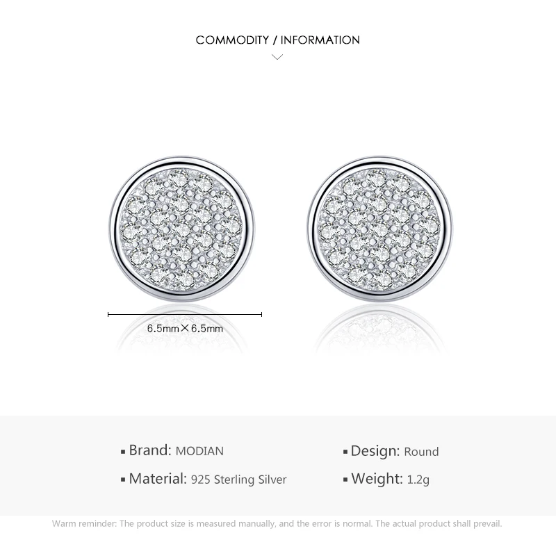 MODIAN Solid 925 Sterling Silver Round Simple Exquisite Clear CZ Buttons Stud Earrings For Women Girls Anti-allergy Fine Jewelry