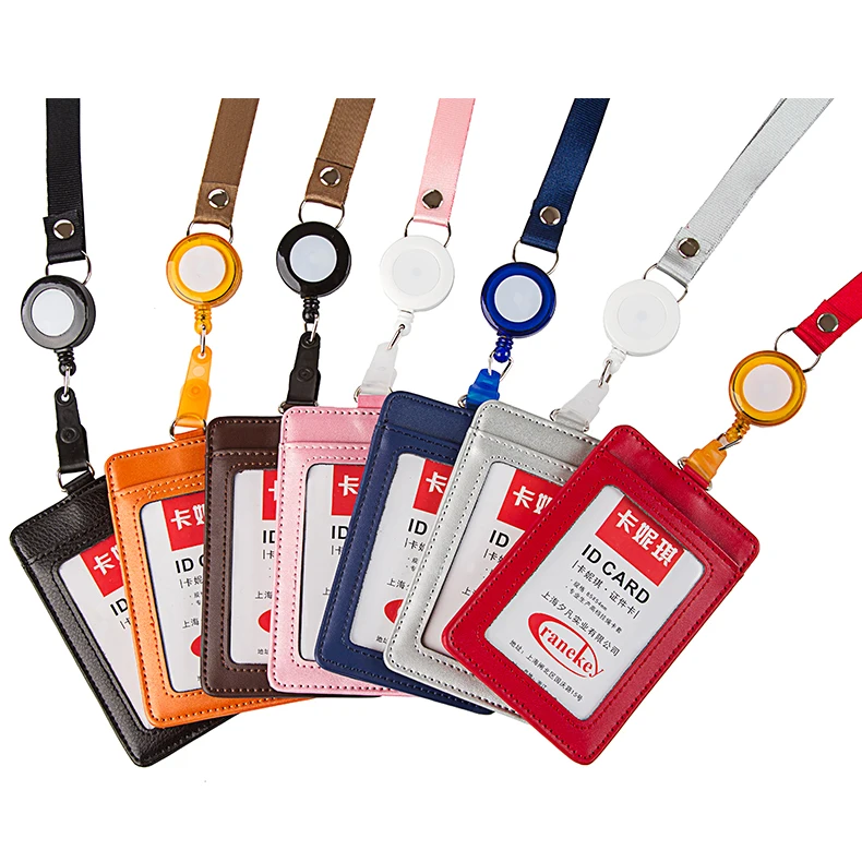 Carnes capa para cartão de peito de couro genuíno, cartão de trabalho de couro de vaca, capa de cartão cordão e fivela fácil de puxar, personalizado