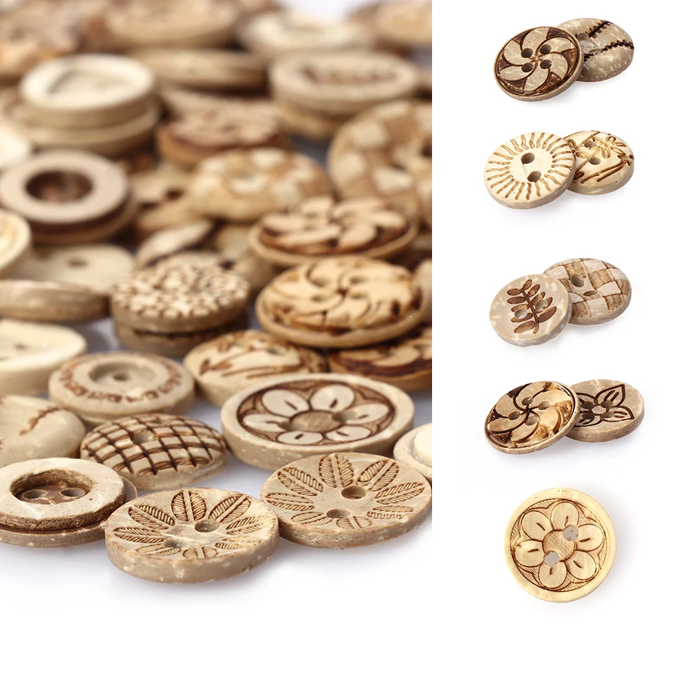 50pcs Mixed Flower Style Carved Wooden Round Sewing Buttons DIY Craft Scrapbooking Wood Buttons Fitted Clothes Dress Sewing Tool