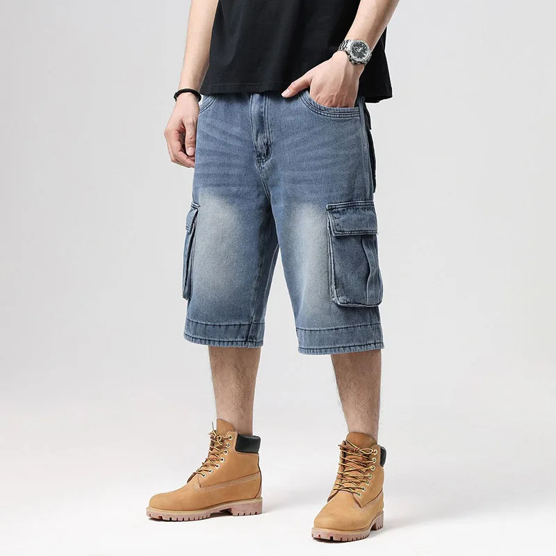 

Mcikkny Men Hip Hop Baggy Summer Jeans Shorts Multi Pockets Vintage Washed Skateboard Denim Shorts For Male Size 30-46