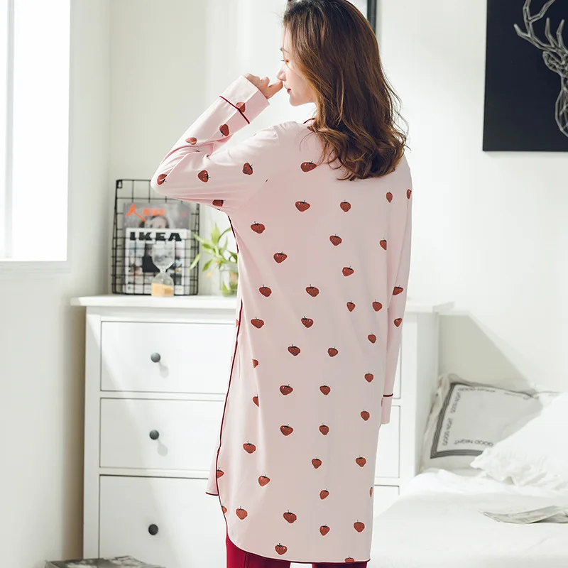 Spring and Summer New Confinement Clothes Cotton Nursing Pajamas Mid-length Korean Long Sleeve Strawberry Pattern Maternity Suit