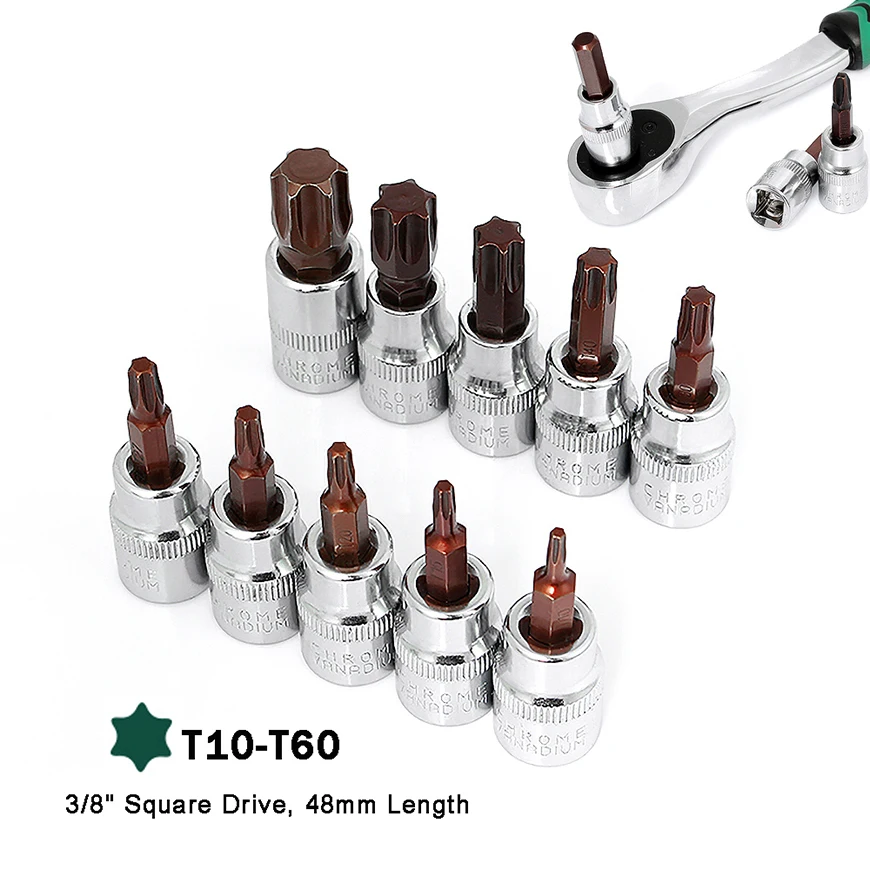 

3/8" Square Drive Socket Wrench Torx Bits T10 T15 T20 T25 T27 T30 T40 T50 T55 T60 Screwdriver Bit Universal Head Ratchet Wrench