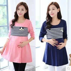 Korean style fashion maternity nursing top striped patchwork cotton zip nursing tees long loose postpartum woman lactation shirt