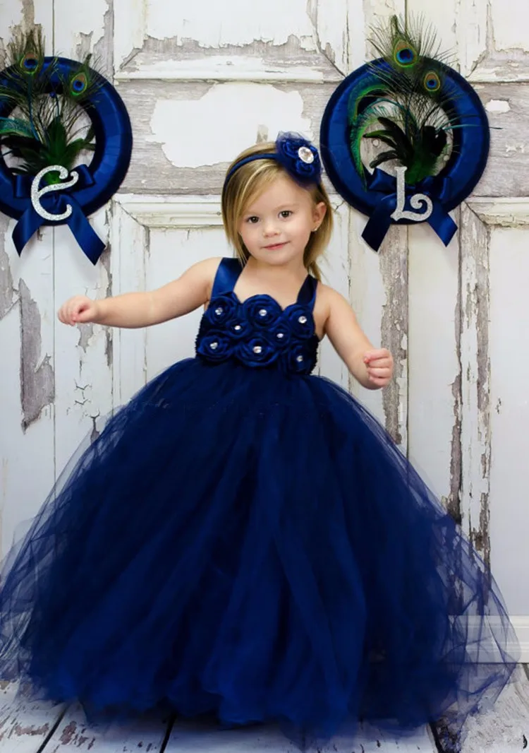 Girls Navy Pearl Flower Tutu Dress Kids Tulle Strap Evening Dress Ball Gown with Hairbow Children Birthday Party Costume Dresses