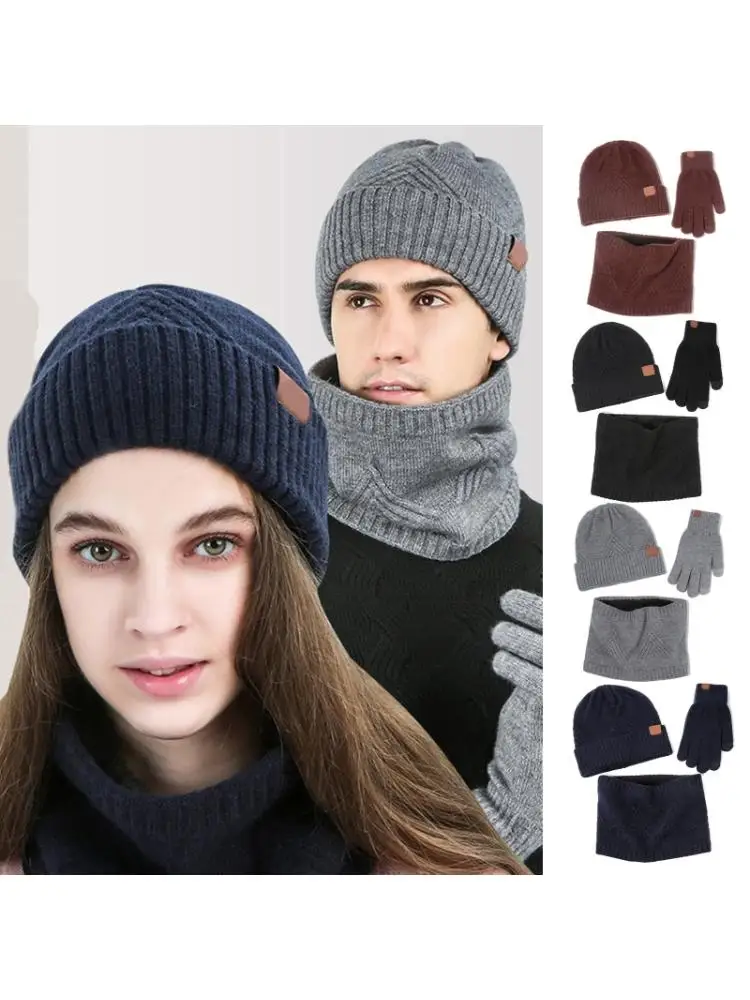 3 sztuk zima z pluszową wyściółką dzianina w paski czapka typu Beanie szalik rękawiczki do ekranu dotykowego zestaw Y1AC