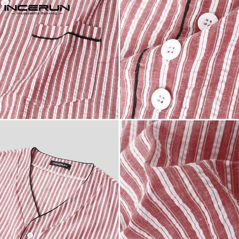 INCERUN Leisure Striped Homewear Men Cotton Sleepwear Summer Short Sleeve V Neck Nightgown Breathable Comfy Nightwear Plus Size