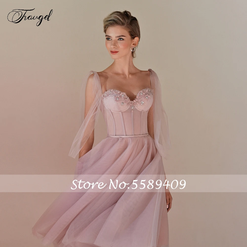 Traugel-vestido até o joelho, com alça fina, renda 3d, flores, vestido de baile curto, vestidos de festa