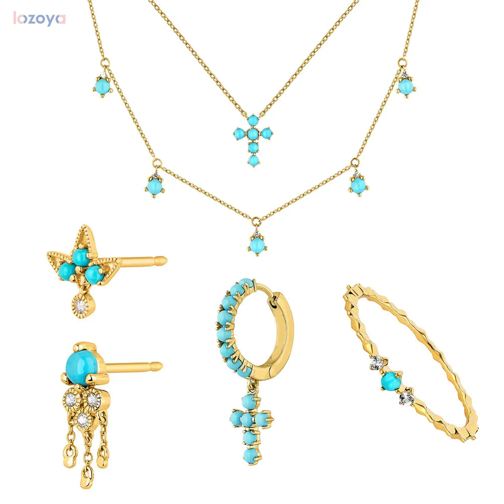 LOZOYA 925 Sterling Silver Gold Turquoise Cross Choker Earring Ring Chain Necklace Jewelry Set fake piercing Jewelry Crystal CZ