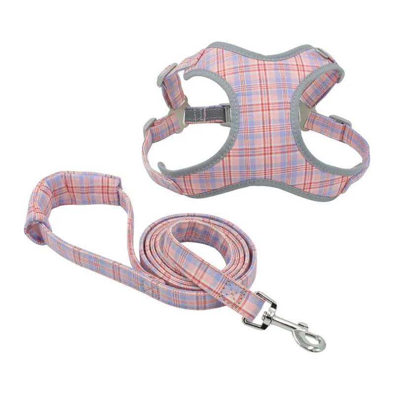 Reflective Plaid Dog Harness and Leash Set for Small Medium Dogs Adjustable Soft Cotton Padded Vest Harness for Walking Control