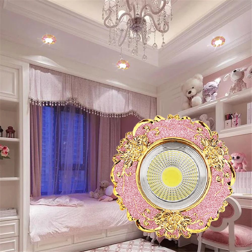 European Pink Resin Golden Lace Led Ceiling Lamp 5W 7W Indoor Home Decor Living Room Aisle Girls Recessed Spotlights 110V 220V