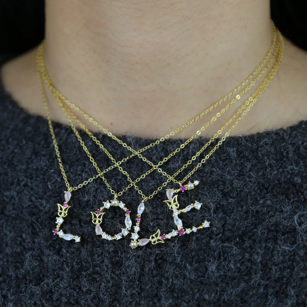 ربيع جديد ملون حجر اللؤلؤ تشيكوسلوفاكيا فراشة محفورة 26 الأولي الذهب اللون اسم الأبجدية رسالة قلادة قلادة #4