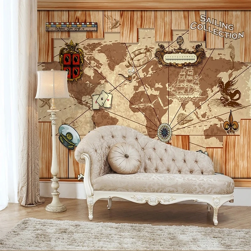 Custom 3D Mural Retro Nostalgia Wallpaper Decor Navigation Wood Sailing World Map Mural Restaurant Bar Background Wall Paintings