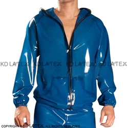 Transparent Blue And Black Sexy Latex Jacket Zipper At Front With Hoodie Pockets Rubber Coat Top YF-0158