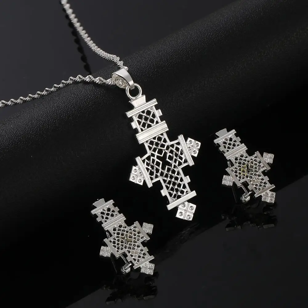 Ethiopian Cross Pendant Necklaces Earrings for Women Girl Eritrea African Crosses Charm Jewelry