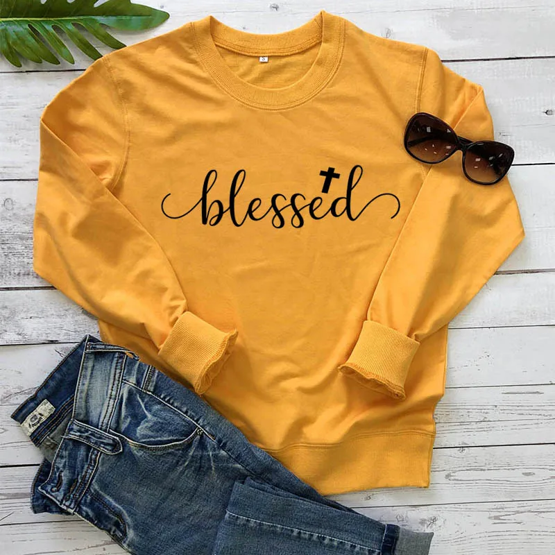 

Sweatshirt blessed Cross Printed New Arrival Women Funny Long Sleeve 100%Cotton Christian Tops Faith Apparel Easter Outfits