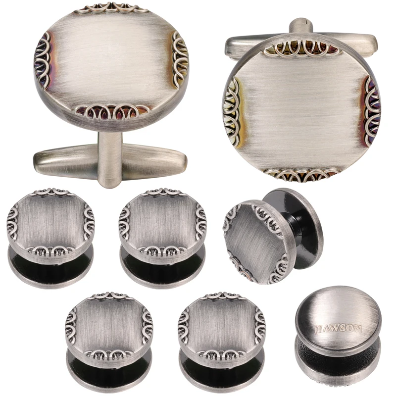 

New Ancient Silver Color Cufflink and Studs for Men Metal Cuff Links Set Marked with Five Rings Tuxedo Jewelry with HAWSON LOGO