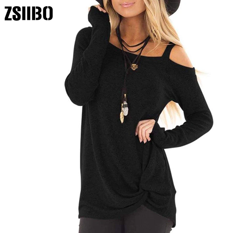 Autumn winter t shirt Women's Cold Shoulder T-Shirt Long Sleeve Knot Twist Front Tunic Tops drop shipping