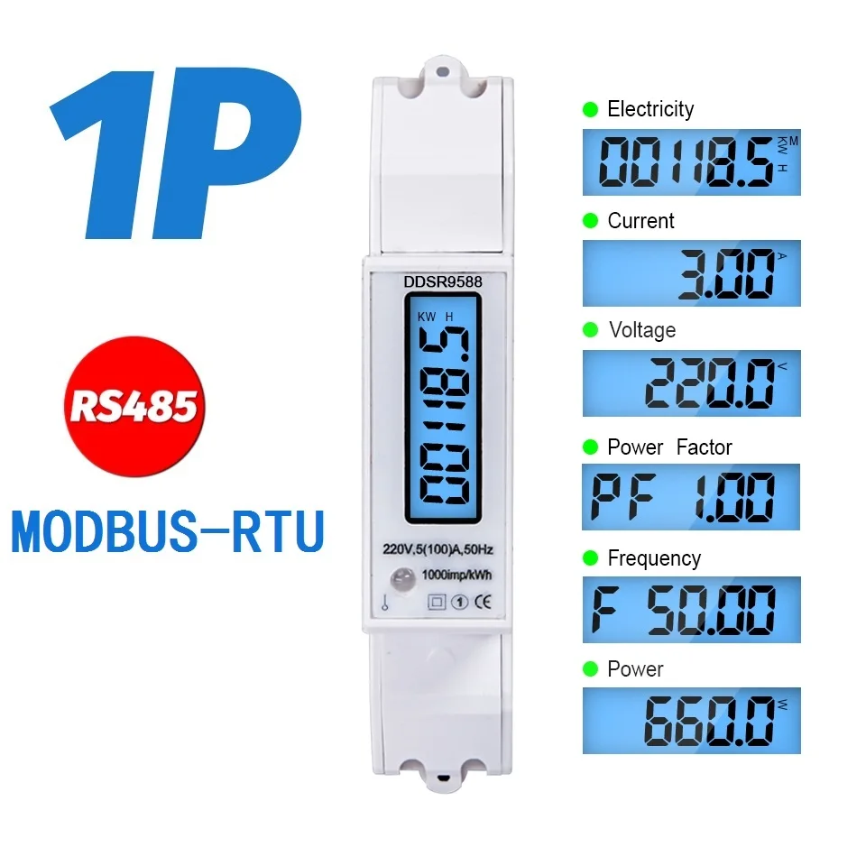 Multifunctional Digital Wattmeter Voltmeter Ammeter LCD Backlight Display DIN Rail KWH Meter AC 230V 5-100A RS485 Modbus-RTU