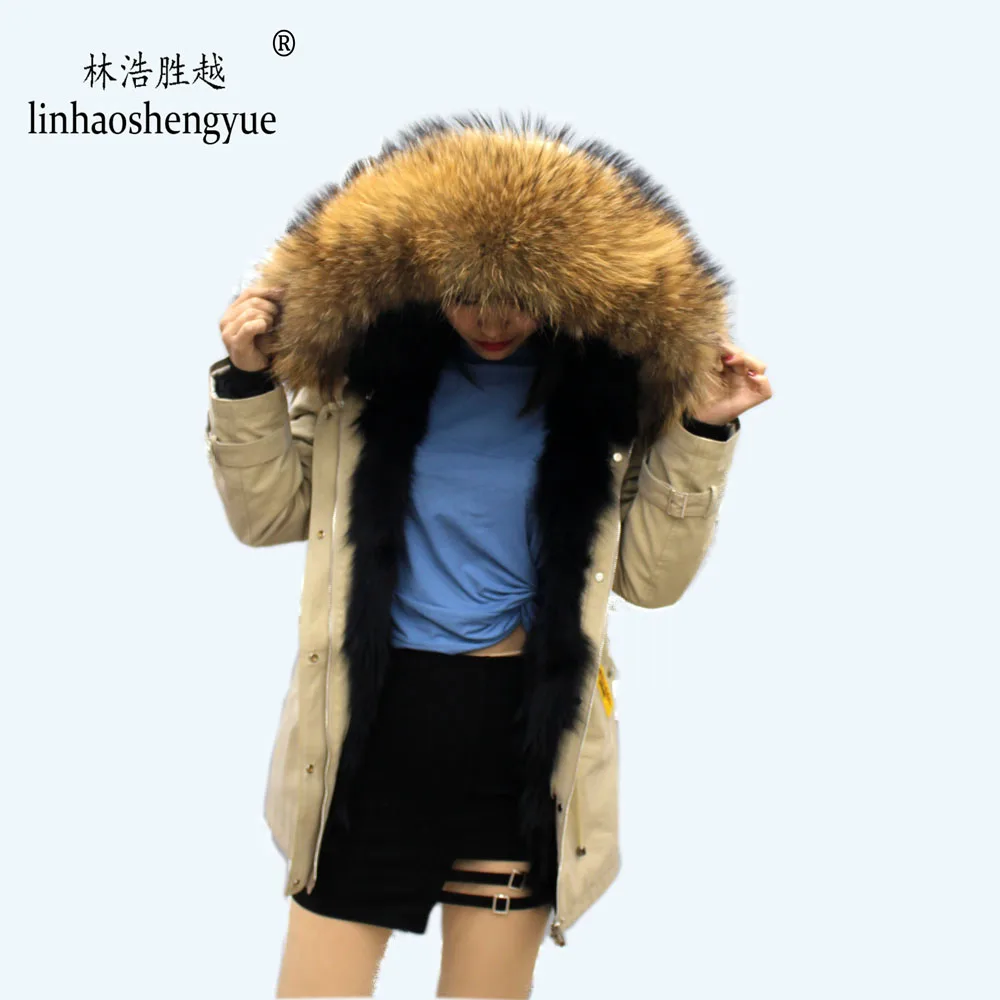 Linhaoshengyue  Fashion Women's Parka Coat  Real Raccoon Fur Cap Collar   Fur Linink  90cm Long