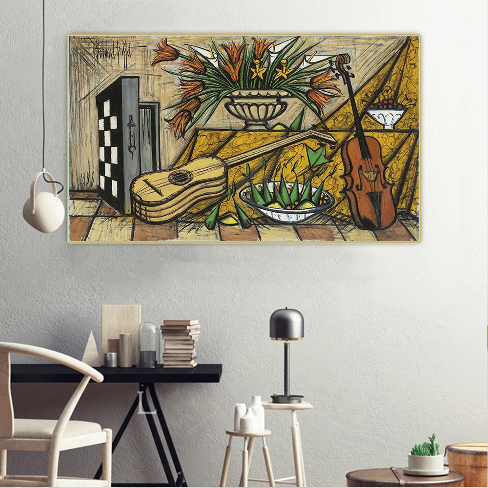 Bernard Buffet《Musical Instruments And Backgammon》Canvas Art Oil Painting Picture Wall Hanging Decor Home Living Room Decoration