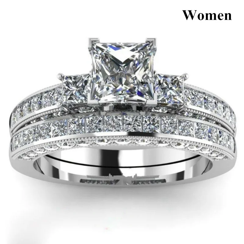 Fashion Couple Rings Men's CZ Stainless Steel Ring Women Square Cut Crystal Rhinestones Rings Set Wedding Engagement Jewelry