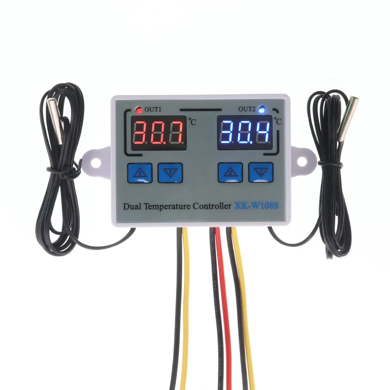 XK-W1088 AC 220V 12V 24V Digital Display Dual Thermometer Temperature Controller Smart Thermostat Incubator Control Dual Probe