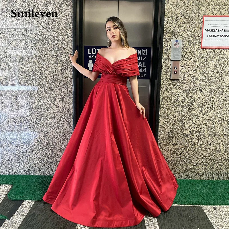 

Smileven Fairy Red Evening Dress A Line Off The Shoulder Prom Dresses New Arrival Celebrity Dresses Party Gowns