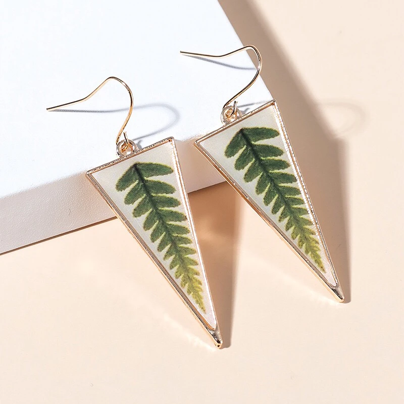 Wholesale Wanderlust Fern Earrings Triangular Epoxy Artificial Leaves Plant Lover Natural Flower Forest Fern Earring