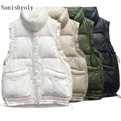 Women Ultra Light White Duck Down Vest Stand Collar Sleeveless Drawstring Down Waistcoat Lady Short Autumn Winter Puffer Jacket