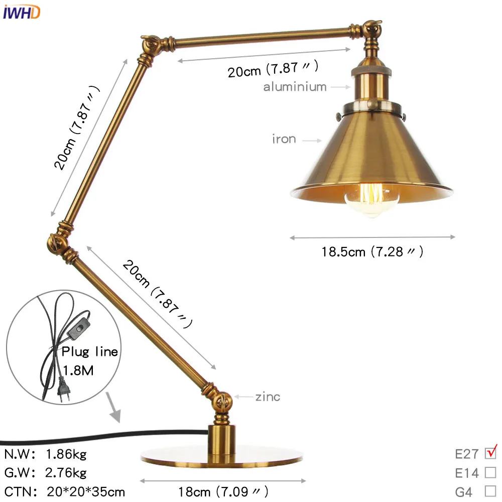 IWHD Loft Vintage LED Table Lamp Bedroom Study Living Room 110V/220V Gold Color Industrial Desk Lamp Luminaria Lamparas De Mesa